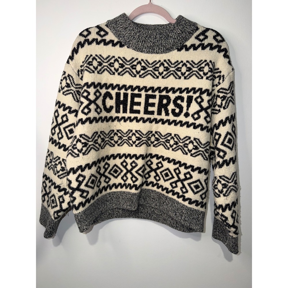 A New Day Cheers Fair Isle Holiday Sweater Large Black White Metallic Knit